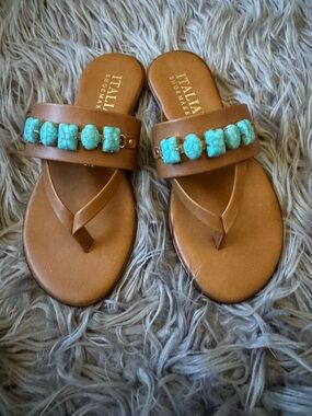ITALIA ShoemakE Brown Sandal Slides with Turquoise Stones